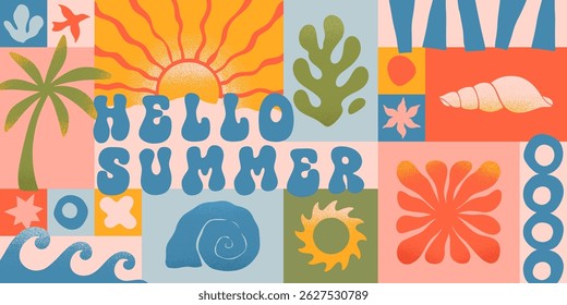 Summer concept illustration with nature organic shapes,doodles.Groovy boho palm,beach,surf,waves,sun,seashells graphic symbols and elements.Summer vacation background in simple funny style.