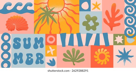Summer concept illustration with nature organic shapes,doodles.Groovy boho palm,beach,surf,waves,sun,seashells graphic symbols and elements.Summer vacation background in simple funny style.
