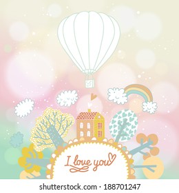 Summer concept illustration in vector. Cartoon house, trees, rainbow and balloon in cute vector background. Home concept card with bokeh effect
