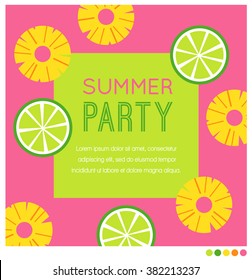 Summer concept invitation card template with sliced lemons and pineapples on pink background