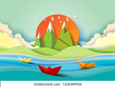 Summer concept with island, beach and colorful paper boats sailing on the sea.Paper art style vector illustration.