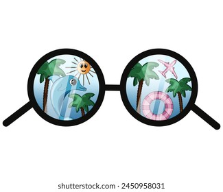 Summer Concept isolated on white background. Travel Reflection in the Sunglasses in trendy Cartoonish style. Y2K vector aesthetic can used t-shirt print, web design. Editable stroke. EPS 10 