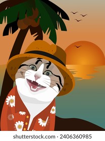 A summer concept with a joyful face cat wearing summer clothes and a panama hat, with a background of a sunset scene on the beach