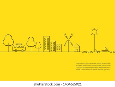Summer concept Line shape design, classic driving traveling on the road, coconut trees . benches and sail boat in the sea on Yellow background. Vector illustration 