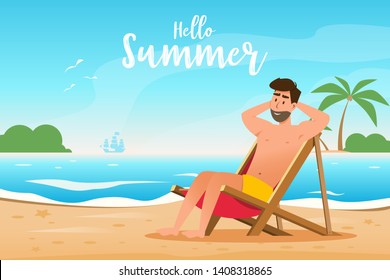 summer concept. a man lies on a lounger at the beautiful beach and relaxes with the sound of wind and sea's wave. vector illustration 