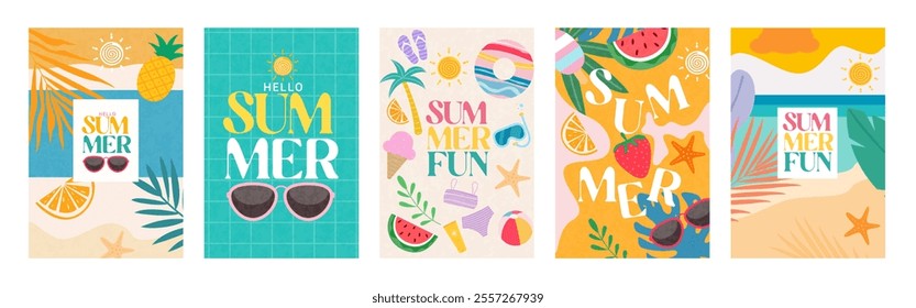 Summer concept on bright and juicy cards set. Modern abstract art design with tropical leaves and summer decor. Templates for greeting, celebration, ads, branding, banner, cover, label, poster, sales