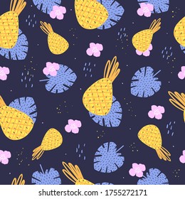 
Summer concept. Pattern with pineapples and leaves. Vector illustration on a dark background.