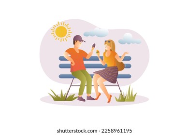 Summer concept with people scene in the flat cartoon design. Girl and boy eat ice cream in park during a summer walk. Vector illustration.