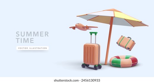 Cartel de concepto de verano en estilo realista 3d con maleta, avión, salvavidas, paraguas. Ilustración vectorial