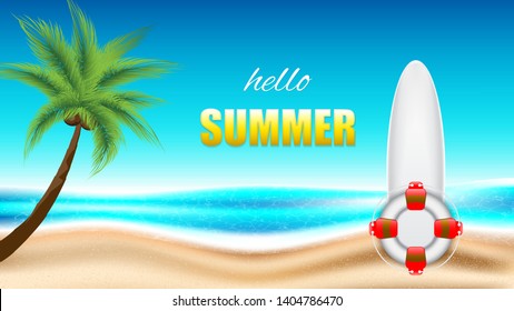 Summer concept poster with surfboard, and lifebuoy, vector illustration
