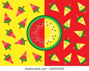 The summer concept of red and yellow watermelons is placed on alternating yellow and red backgrounds to add interest. Suitable for making graphics.
