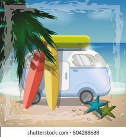 Summer concept with retro bus on the beach,vector