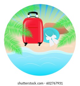 Summer concept round background. Sea landscape, palm tree, beach hat and red travel bag. Vector illustration.