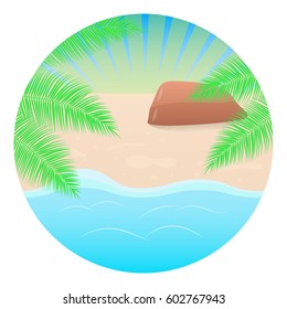 Summer concept round background. Sea landscape, beach, palm tree. Vector illustration.