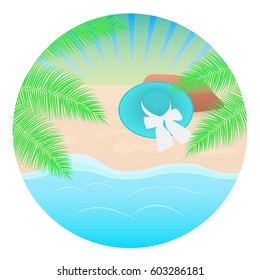 Summer concept round background. Sea landscape, palm tree, beach hat. Vector illustration.