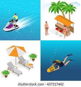 Summer concept of sandy beach. ?ouple on beach vacation holiday relax in the sun on their deck chairs under a yellow umbrella. Flat 3d vector isometric illustration.