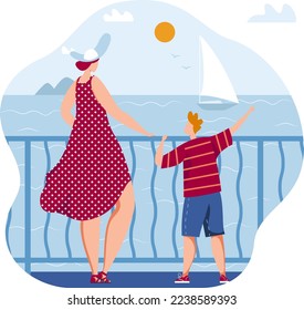 Summer concept, sea look, mom shows finger son, beach child, ocean vacation, design, in cartoon style vector illustration.