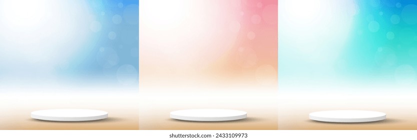Summer concept set of Circle pedestal scenes for product display decorated with sunlight on beach sky scene background. Vector illustration.