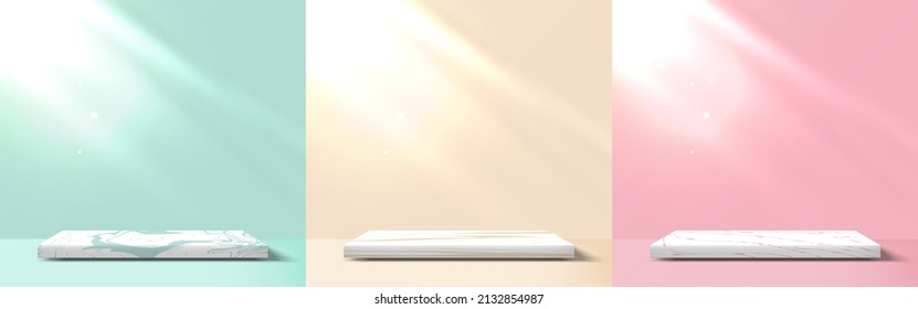 Summer concept set of marble pedestal scenes for product display decorated with sunlight in room Green, Cream, Pink background. Vector illustration.