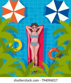 Summer concept with the sexy bikini lady sunbathing on the swimming pool surrounded with the rubber rings, umbrellas, and palm trees in vacation background, illustration ,vector
