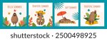 Summer concept. Square greeting cards with funny capybaras, plant, butterflies and typography. Textured effect. Drawing layout in contemporary style. For poster, cover, background, label.