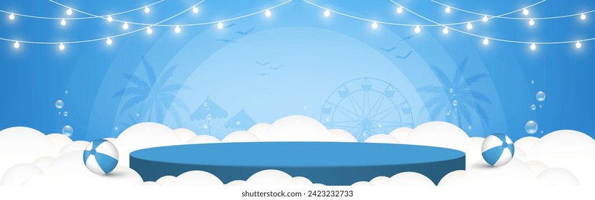 Summer concept Stage podium for product display. Empty podium with cloud, beach balls, light decorative and party beach silhouette on blue background. Abstract background. Vector illustration.