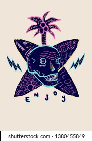 Summer concept tee print design as vector with skull.Vector.