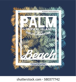 summer concept tee print design as vector with typo and palm leaves