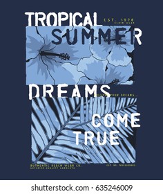 summer concept tee print design with tropic flower and leaves as vector