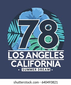 summer concept tee print design as vector with typo and palm leaves