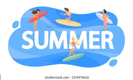 Summer concept. Time for holiday and vacation. Group of surfer have fun on board. Crowd of people relax. Vector illustration in cartoon style