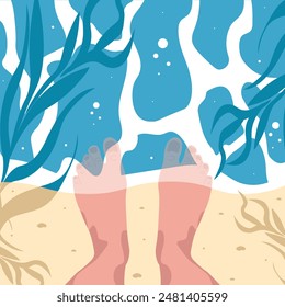Summer concept. Top view on bare feet in the sea. Surf club sunny day aesthetic. Time to swim. Simple naive vector illustration. EPS 10