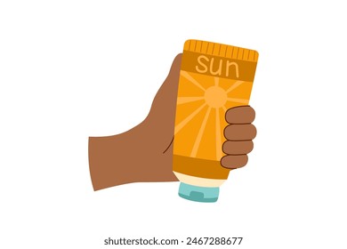 Summer concept. Travel concept. Sunscreen in human hand isolated on white. Hand drawn flat illustration.