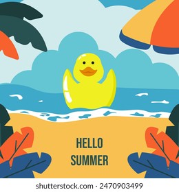 Summer concept with Tropical island landscape. Hello Summer art with palm leaves and Rubber Duck. Flat vector can used social media, t-shirt, print, postcard, poster.