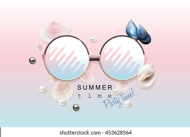 Summer concept vector illustration of sunglasses with bright abstract glass mirror reflections surrounded by exotic tropical seashells and sea pearls on rose quartz serenity background, top view