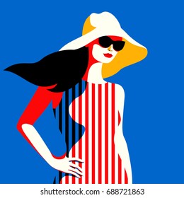 Summer concept. Woman in a striped dress, white hat and sunglasses, blue background. Vector illustration.