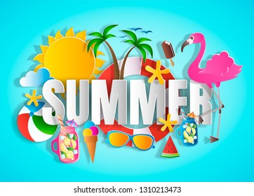Summer concept with word, paper cut style vector illustration