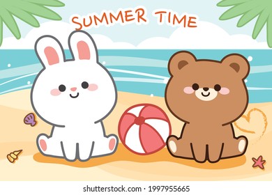 Summer Concept.Cute Rabbit And Bear Sit On The Beach.Animals Character Cartoon Graphic Design.Image For Banner,wallpaper,background.Art.Holiday Trip.Happy Face.Kawaii.Vector.Illustration.