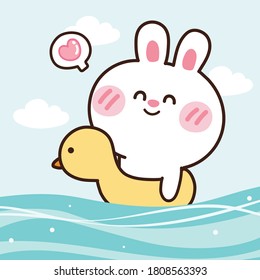 Summer concept.Cute rabbit in swimming ring.Animal cartoon.Kawaii.Vector.Illustration