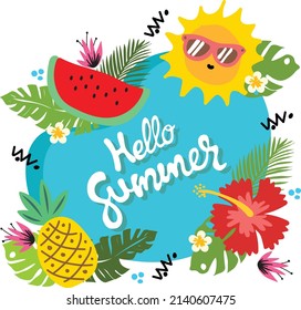 summer concepts sun watermelon pineapple banner design blue background flower leafs fresh vector illustration