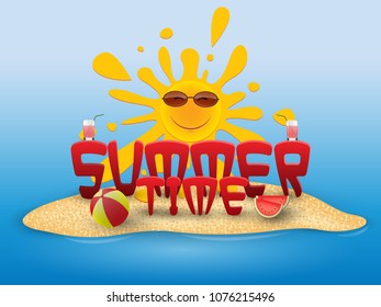 Summer conceptual banner of summer time with beach elements on the beach.