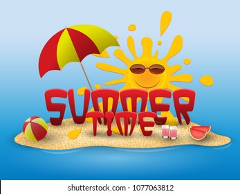 Summer conceptual banner of summer time with beach elements on the beach.
