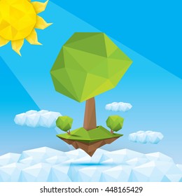 summer Conceptual polygonal geometric tree flying in blue sunny sky. Abstract vector summer Illustration, low poly style. 