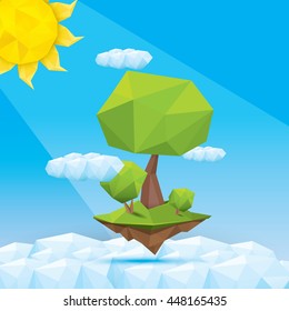 summer Conceptual polygonal geometric tree flying in blue sunny sky. Abstract vector summer Illustration, low poly style. 