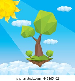 summer Conceptual polygonal geometric tree flying in blue sunny sky. Abstract vector summer Illustration, low poly style. 