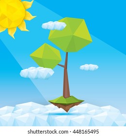 summer Conceptual polygonal geometric tree flying in blue sunny sky. Abstract vector summer Illustration, low poly style. 