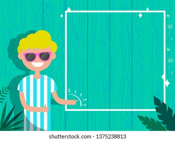 Summer concept.Young character with glasses standing near modern blue fence.Frame for your text.Flat cartoon design