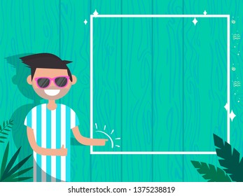 Summer concept.Young character with glasses standing near modern blue fence.Frame for your text.Flat cartoon design