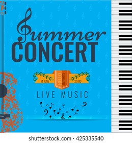 Summer concert Jazz and Blues music festival. Poster background template with flying musical notes guitar and piano. Vector design.