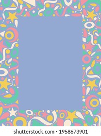 Summer confetti geometrical simple and cute vector rectangular frame with stars and moons in pastel colors on blue background. Party, for kids, birthday, fun, greeting card